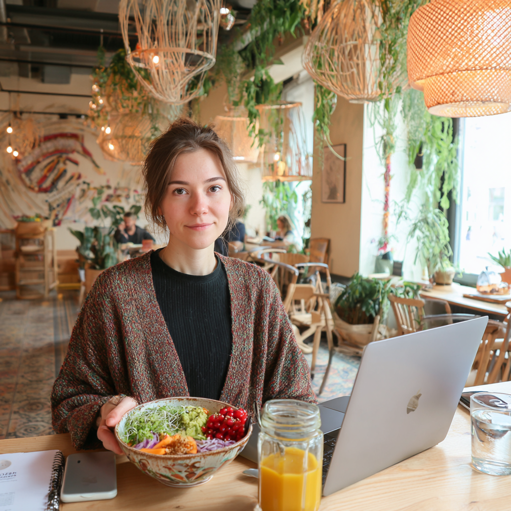Osoba v pokoji jedúca zdravé jedlo s pozornosťou a sústredenosťou